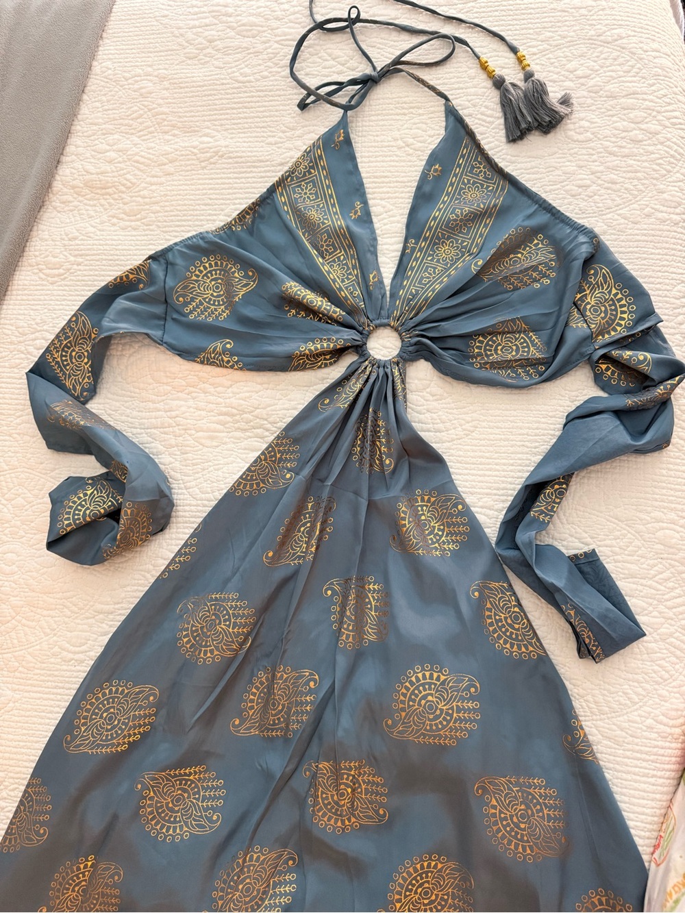 ✨Boho Blue Halter Maxi Dress with Gold Medallion Print✨